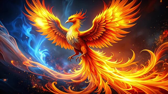 A fiery phoenix rising from flames, blue smoke swirling around