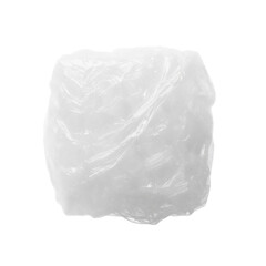 Crinkled translucent plastic wrap forming intricate abstract white patterns and a highly textured surface against a transparent background with copy space, illuminated by soft diffused lighting,