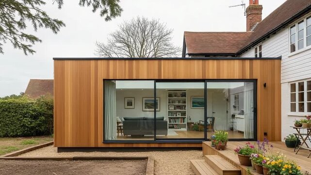 Modern Timber Clad House Extension with Large Glass Doors and Outdoor Deck in Daylight