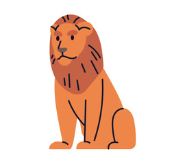 Lion animal with mane, wild African predator mammal, jungle wildlife species, big cat sitting in side view, safari fauna character, isolated on white background flat vector illustration.