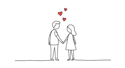Romantic line art of couple holding hands with floating hearts