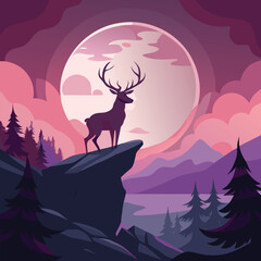 Composition of a circle an with elk staying on the top of the mountain