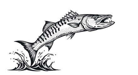 Obraz premium Dynamic monochrome barracuda jumping above water with splash