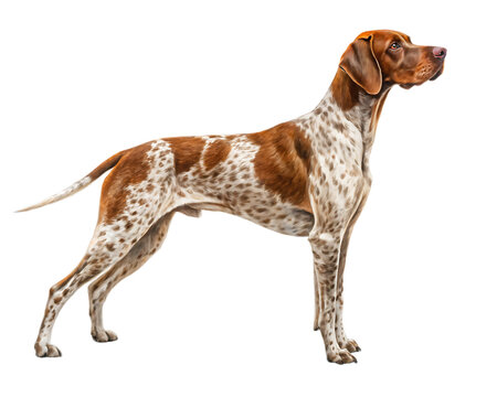 A full body shot of a brown and white spotted pointer dog standing on a black background in profile view