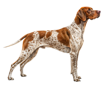 A full body shot of a brown and white spotted pointer dog standing on a black background in profile view