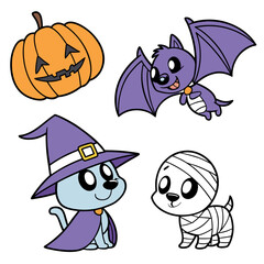 Cute halloween characters including a pumpkin bat witch and mummy dog