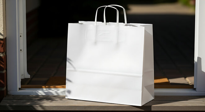A pristine white shopping bag rests gently on a porch step, awaiting pickup or symbolizing a convenient delivery service.
