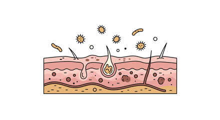 Detailed diagram of skin layers with acne and bacteria in linear style