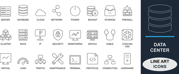 
A clean line art  icons of data center including server, database, cloud, firewall, network, backup, power, storage, monitor, and access. Ideal for UI and IT apps.
