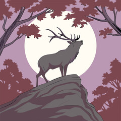 Composition of a circle an with elk staying on the top of the mountain