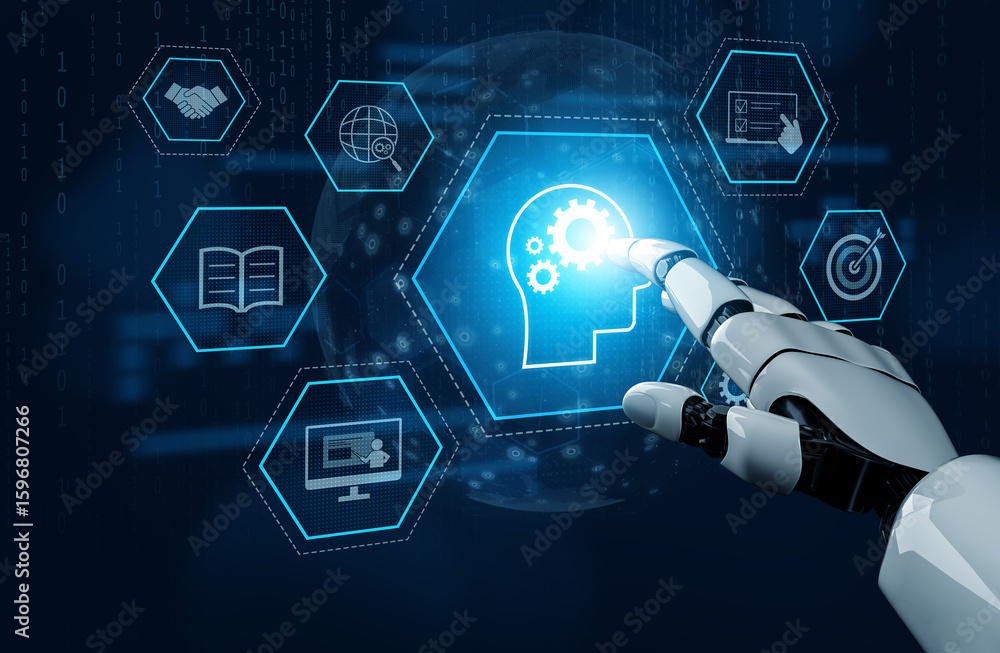 Poster ai or human-driven skill acquisition and training with icons of knowledge, goals, task management, a