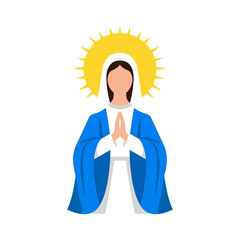 Virgin Mary illustration with a golden halo, wearing a blue robe and praying with hands clasped.