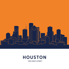 Silhouette of the Houston skyline against an orange background, featuring various skyscrapers and buildings.