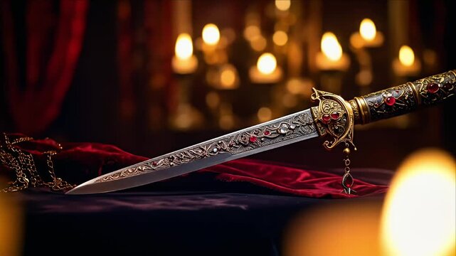 A jeweled, ornate dagger rests near candles. Dark, lavish background