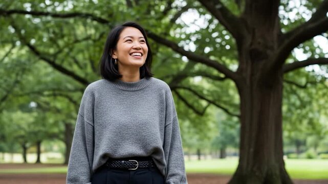 Smiling Asian Woman in Park Looking Upward, Wearing Gray Sweater and Black Belt