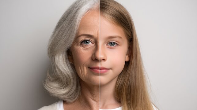 Aging woman's portrait merging youthful female profile, depicting transformative journey through life stages, generational progression blending seamlessly