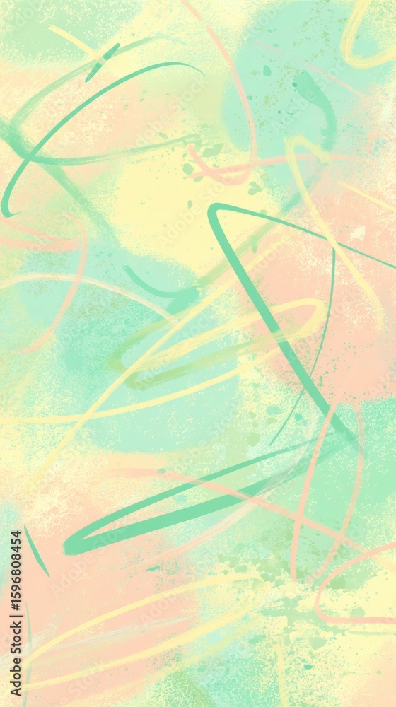 Poster vibrant brushstrokes in green, yellow, orange overlapping with random paint splatters, creating ener
