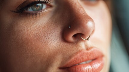 Naklejka premium Close up of a young woman's face highlighting her nose piercing and natural freckles, capturing the beauty of individuality and self expression