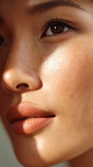 Close up beauty portrait revealing porcelain skin, highlighting natural makeup and subtle freckles, glowing under soft, flattering illumination