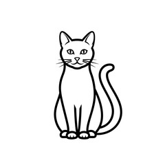 A simple black and white line drawing of a cat sitting upright, facing forward with its tail curled to the side.