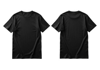 Two plain black 100% cotton t-shirts, one front view (crew neck, short sleeve), one back view, laid perfectly flat and unwrinkled on a seamless transparent background with copy space, ultra realistic