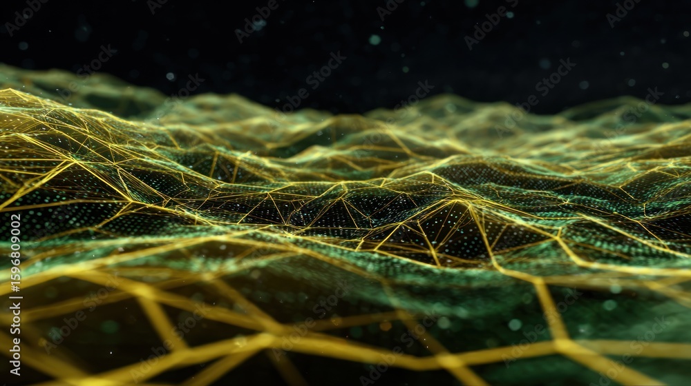 Poster abstract digital landscape with glowing network patterns.