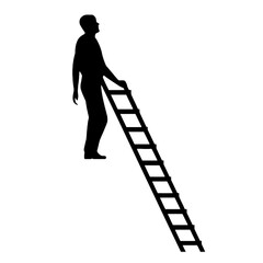 Silhouette of a man climbing a ladder, looking upwards, against a white background.