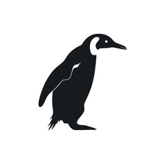 Naklejka premium Black and white silhouette of an emperor penguin standing upright and facing right, isolated on a white background.