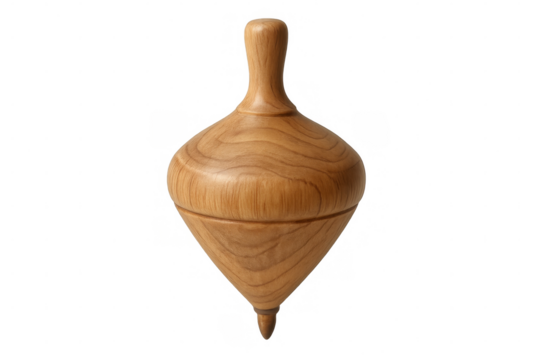 Classic wooden spinning top rotating and balancing on its tip, isolated on a transparent background, perfect for motion and game concepts