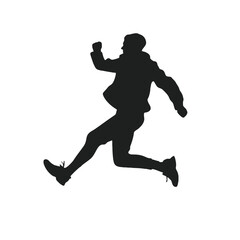 Silhouette of a Man in Mid-Air: A striking silhouette of a man, captured in mid-air, expressing dynamic energy, determination, and physical prowess, a metaphor for overcoming obstacles.