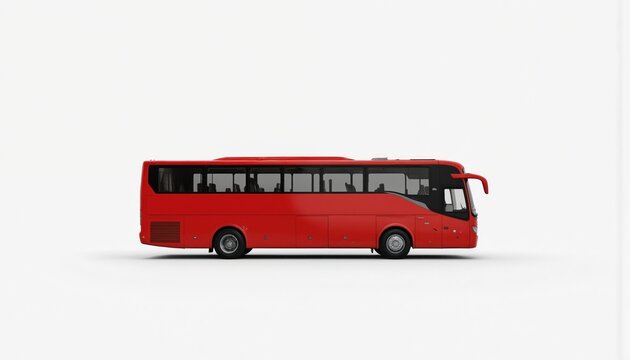 Bright red bus against white background. Modern, long, narrow, red, passenger vehicle, transportation, tour, coach, travel, tourist, commuter, transport, city, road, trip, urban, commercial, safety,