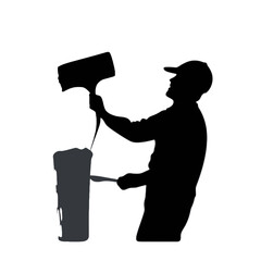 Silhouette of a man pouring liquid from a container into another, using a tool, possibly cooking or working with materials.