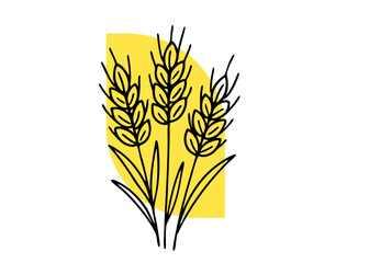 Hand-drawn black wheat ears over yellow geometric shape. Minimalist doodle style, modern eco concept.