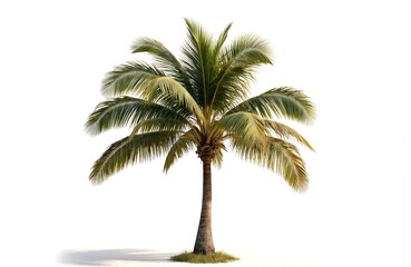 Palm tree stands in center of white background. Multiple green fronds adorn the palm tree. Brown trunk extends downwards. Lush foliage and tropical atmosphere.