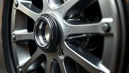 A polished metal wheel in close-up, highlighting industrial design with sleek textures and studio lighting.
