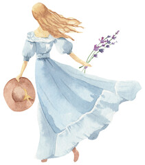 Watercolor Girl in Flowing Blue Dress Holding Lavender and Hat – Romantic Summer Illustration PNG, hand drawn