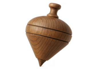 Wooden spinning top rotating, transparent backdrop highlighting classic children's plaything, vintage toy design