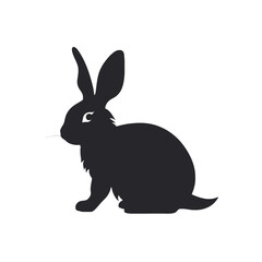 Obraz premium Silhouette of a black rabbit sitting with its ears perked up, facing left on a white background.