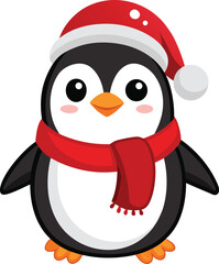 Adorable cartoon penguin wearing a festive red santa hat and a warm red scarf standing happily isolated on transparent background