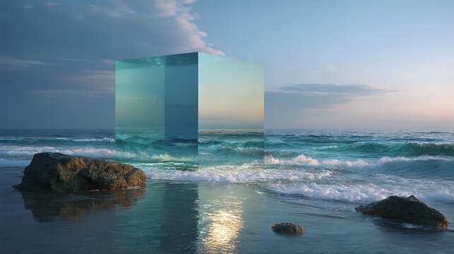 A mesmerizing ocean meets a transparent water cube on a serene beach at on transparent background