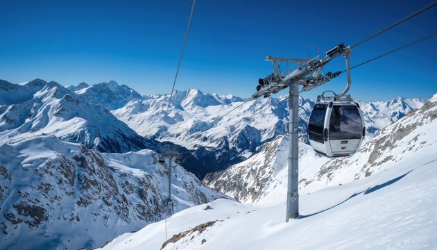 Cable car suspended over snow-covered mountain with ski racks. Snow blankets mountain landscape. Pristine white covering entire area. Mountainous terrain with distant blue sky. scenery.