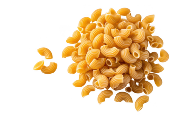 Pile of uncooked elbow macaroni pasta with ridges on image