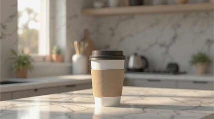 Morning Coffee in Minimal Home Kitchen – White Cup and Marble Surface