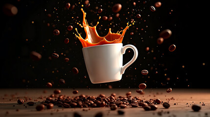 Coffee Cup in Motion with Splash Effect – Gourmet Energy Concept