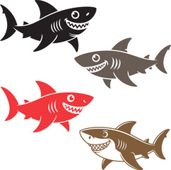 Fototapeta premium Set of Colorful Shark Icons in Various Shades – Vector Illustration of Fearsome Predators for Marine and Wildlife Designs