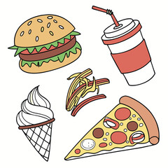 Fast food icon set featuring burgers pizza hotdogs sandwiches and snacks in cartoon style