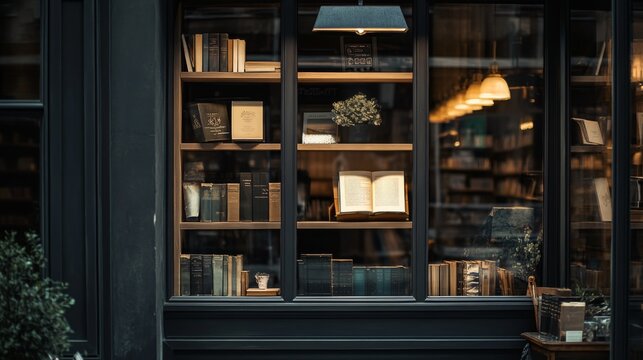 Charming glass shop window display with books for branding design