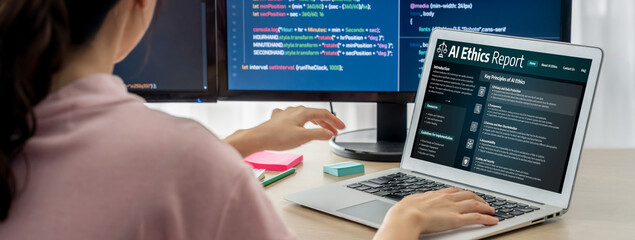 AI ethics responsibility standard law and rules on computer screen provide report of AI ethic...