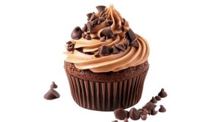 Chocolate Cupcake with Swirled Frosting and Chocolate Pieces with Scattered Chocolate
