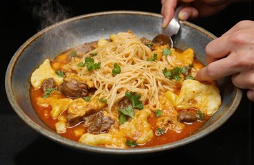 Traditional portugese dish in bowl with light gray sauce, noodles, meat, mushrooms, cheese. Silver spoon placed in bowl. Dark-colored ceramic bowl with savory food. Authentic lisboa cuisine, local